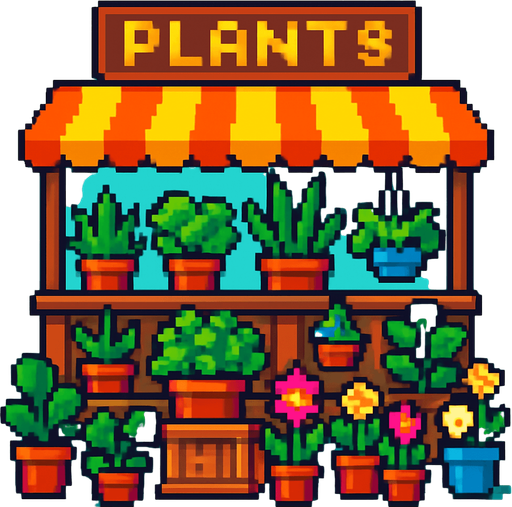 un  mercado de plantas de pixeles.
In-Game asset.  2d.  High contrast.  No shadows