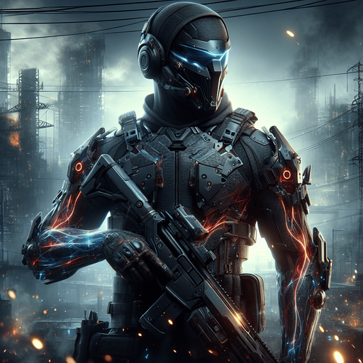 Create an image of a dynamic, powerful hero in a futuristic, action-packed setting. The hero is wearing a sleek, dark armored suit with metallic accents that reflect light. The suit features high-tech elements, such as glowing blue and red energy lines running across the chest and limbs, and advanced weaponry mounted on the arms. The hero’s face is partially visible behind a helmet with a visor, showing intense determination. They stand confidently in a battle-ready pose, with a backdrop of a city in ruins, engulfed in smoke and flames. In the hero's hand, there’s a futuristic gun that looks like a high-powered sniper rifle, glowing with energy. The atmosphere is tense, with sparks flying around as if from recent explosions.".
Single Game Texture. In-Game asset. 2d. Blank background. High contrast. No shadows.