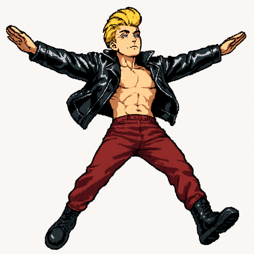 Swishy graceful man Cyberpunk manga, flying skydiving arms and legs flat straight face up, shiny black leather biker jacket longsleeves shirtless Skinny abs blonde pompadour guy, action shot wine red joggers combat boots, Background removed, "Full-body character, entirely in frame, no cropping of face, head, or feet" "Complete character visible, from head to toe, fully centered in the image" "Entire character, including face and boots, fully within the frame" Character fully contained within a square frame, no edges cut off fashion model pose