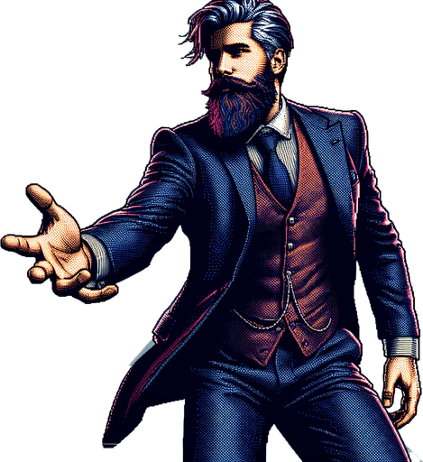 Create a single bearded man in a suit reaching out holding an imaginary weapon, I want him generated in 32 bit graphic style and i want to see his entire body.
Single Game Texture. In-Game asset. 2d. Blank background. High contrast. No shadows.