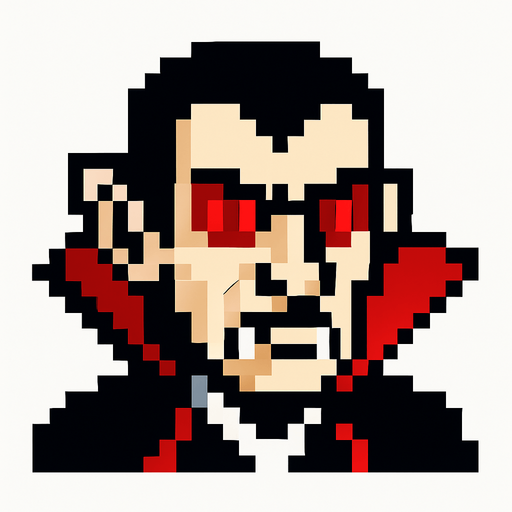 make pixel red eye dracula.
In-Game asset.  2d.  High contrast.  No shadows