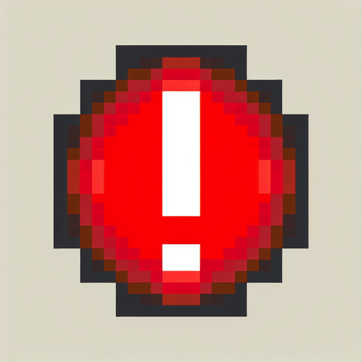 8-bit pixelated red round LED circle with a large exclamation sign indented in the center.
Single Game Texture. In-Game asset. 2d. Blank background. High contrast. No shadows.