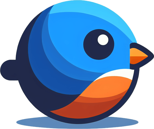 Single simple cartoon bird for a game titled "Flap & Bounce". The bird has lots blue and orange colors and is high contrast. Only bird.