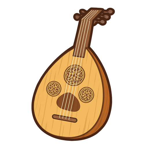 A clean, stylized 2D illustration of a traditional Middle Eastern oud instrument. The body should be teardrop-shaped with a wooden texture, 5–6 tuning pegs, and ornate sound holes. The image should have a warm, earthy color palette (browns and golds) with soft shadows and a clear outline. Designed in cartoon or flat vector style, suitable for mobile games. Export as a transparent background PNG, so it can be placed over any UI or background. Should be visually clear even at small sizes..
In-Game asset.  2d.  High contrast.  No shadows