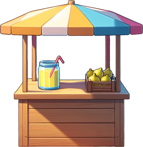 An empty beach side lemonade stand..
Single Game Texture. In-Game asset. 2d. Blank background. High contrast. No shadows.