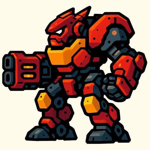 Aggressive strong big robot 2d game right side.
In-Game asset.  2d.  High contrast.  No shadows
