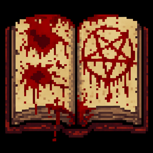 an open book with blood, terrifying pixel art.
In-Game asset.  2d.  High contrast.  No shadows
