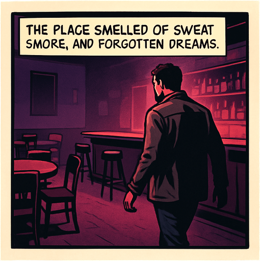 A comic panel styled like a square photo print with a clean white border. Realistic comic art. Scene: Inside a dimly lit bar, red and purple hues, empty chairs, bar counter glowing faintly. Noah walks in cautiously. Narrator box at the top reads: “The place smelled of sweat, smoke, and forgotten dreams.”.
In-Game asset.  2d.  High contrast.  No shadows