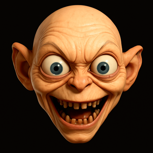 3D Scary but funny and cute face meme of gollum. only face, different faces look.
In-Game asset.  3D.  High contrast.  No shadows. only face