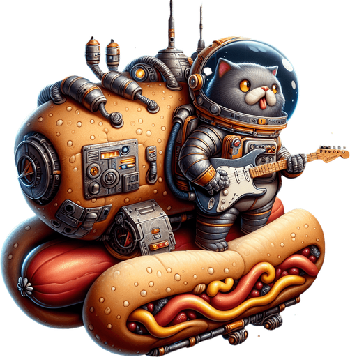 Mechanical hot dog spacecraft piloted by a cheeky, morbidly obese astronaut cat playing a fender stratocaster.
Single Game Texture. In-Game asset. 2d. Blank background. High contrast. No shadows.
