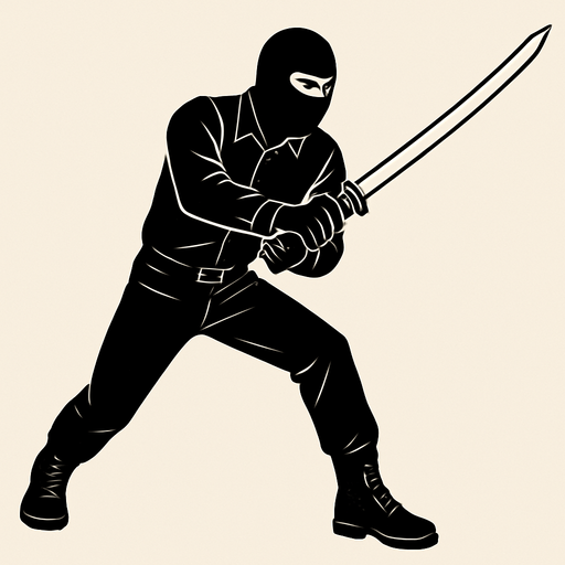 hombre con camisa negra de manga larga, pantalones negros, botas negras y guantes negros y un pasamontañas negro atacando con una katana con un mango negro.
In-Game asset.  2d.  High contrast.  No shadows