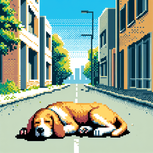 a dog sleeping on a street.
video game sprite