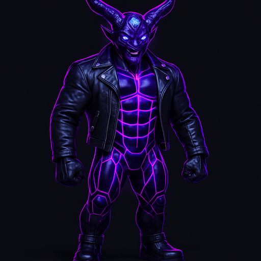 Black leather biker jacket longsleeves bare segmented neon cyberpunk pecs abs muscles robot monster hunk Neon cyberpunk 3d hologram corporate occult demon android mecha robot sentinel guard soldier machine monster fully in frame no part cut off no background anime futuristic Background removed, "Full-body character, entirely in frame, no cropping of face, head, or feet" "Complete character visible, from head to toe, fully centered in the image" "Entire character, including face and boots, fully within the frame" Character fully contained within a square frame, no edges cut off  horns through boots