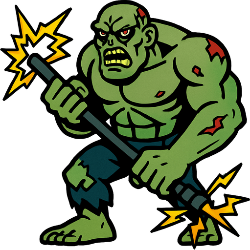 Un zombie grande ey fuerte eue sostiene un palo de electricidad.
In-Game asset.  2d.  High contrast.  No shadows