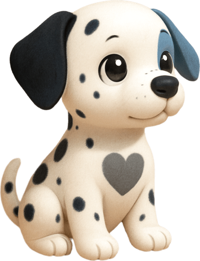 A white dog with black spots on him and one ear black and one ear blue. Make it a sitting dog with a heart grey hole in the middle of the body and make it SOOOO  cute with big cute eyes with shines in them and make the dog facing right.
Kinda 3d. Some Shadows.