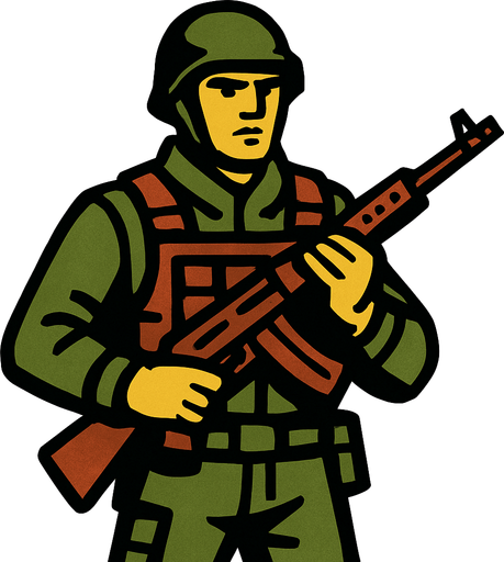 elinde silahı olan bir asker.
In-Game asset.  2d.  High contrast.  No shadows