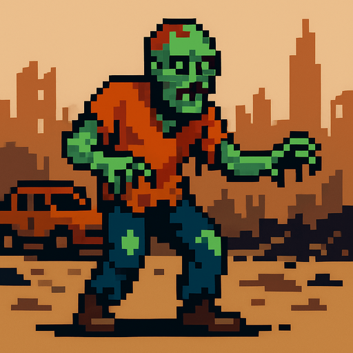 Post apocalyptic zombie pixel art less pixel.
In-Game asset.  2d.  High contrast.  No shadows