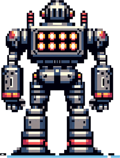 simple 8 bit robot from behind.
Single Game Texture. In-Game asset. 2d. Blank background. High contrast. No shadows.