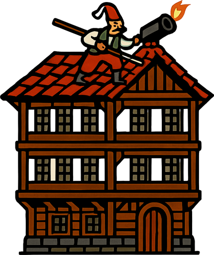 tripleks bir osmanlı evi çiz. Çatısında top mermisi ateşlemek üzere olan bir yeniçeri askeri olsun.
In-Game asset.  2d.  High contrast.  No shadows