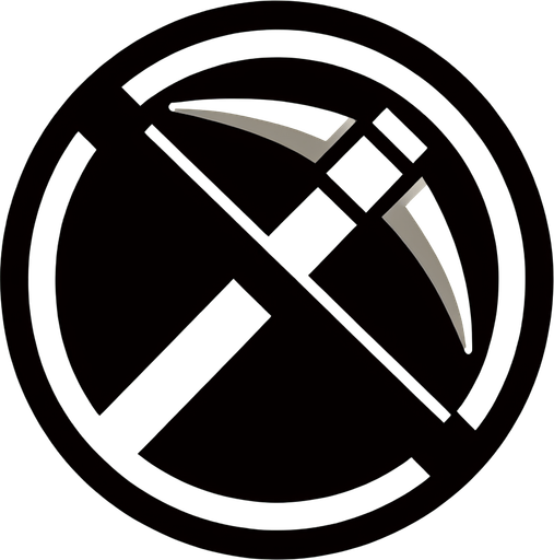 pickaxe with a circle around it and a slash going from the top of the circle to the bottom.
Single Game Texture.  In-Game asset.  2d.  Blank background.  High contrast.  No shadows