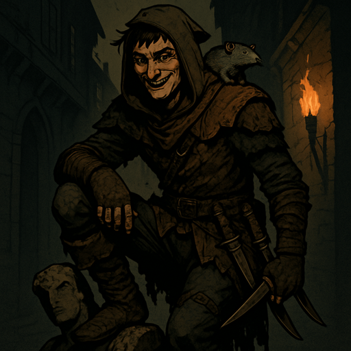 "A cunning rogue cloaked in patchwork leathers and city grime, perched on a broken statue. Male, 26 years old, wiry and agile, with messy black hair, sly green eyes, a scar over his nose, and olive-toned skin. A rat sits on his shoulder. Dual daggers at his side, a grin revealing a gold tooth. The background is a shadowy alley lit by torchlight. Realistic, highly detailed, dark urban medieval style. realistic.
In-Game asset.  2d.  High contrast.  No shadows