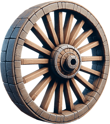 Una rueda de carretilla medieval.
Single Game Texture.  In-Game asset.  2d.  Blank background.  High contrast.  No shadows