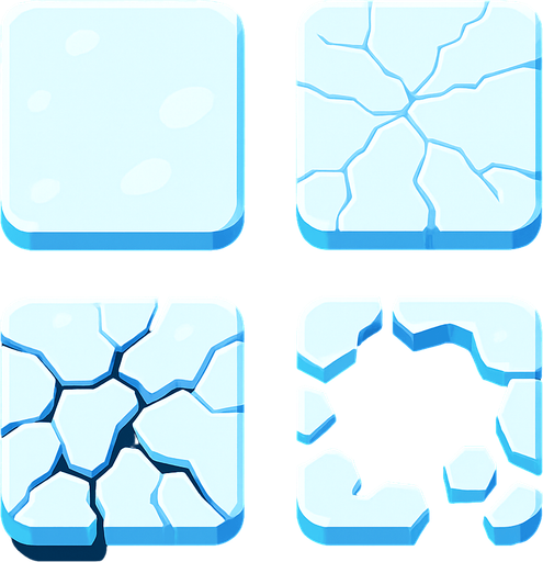 Generate a 2D sprite sheet arranged in a 2x2 grid, featuring a game tile of stylized arctic ice for a mobile game. The art style should be a clean vector illustration with flat colors and high contrast, suitable for a top-down, bird's-eye view. There should be no shadows.
The sprite sheet must show a clear, 4-stage progression of the same tile breaking:
Pristine Tile: A solid, unbroken square of thick ice. Mostly white and light blue.
Minor Cracks: The same tile, but now with thin, hairline fractures spiderwebbing across the surface.
Major Fractures: The cracks have widened into deep fissures, with small pieces of ice chipping away, revealing dark blue water underneath.
Nearly Shattered: A large hole has opened in the center of the tile, surrounded by a few unstable, floating fragments of the original ice. The tile is mostly dark water now..
In-Game asset.  2d.  High contrast.  No shadows