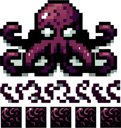 tentacle monster 8 bit.
Single Game Texture. In-Game asset. 2d. Blank background. High contrast. No shadows.