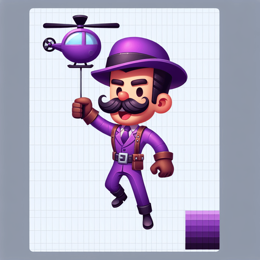 Waluigi flying a helicopter.
Single Game Texture.  In-Game asset.  2d.  Blank background.  High contrast.  No shadows