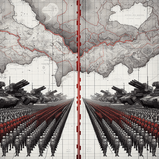 A map of a fictional world, divided in the middle by a red dashed line, which is a country border. On each side of the border, a modern army is marched up and pointing weapons at the other side. Style should be detailed illustration..
Single Game Texture. In-Game asset. 2d. Blank background. High contrast.