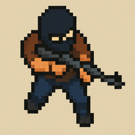 Draw a Man He Have Baclava mask wearin brown shirt and blue pants He Using Gun with 2 hands 
 in 2D Pixel Art Style and Do It from an Above Perspective.In-Game asset.  2d.  High contrast.  No shadows