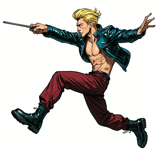 Swishy graceful man Cyberpunk manga, wand pointed straight ahead, arm extended, jump attack, side profile view attack animation, shiny black leather biker jacket longsleeves shirtless Skinny abs blonde pompadour guy, action shot wine red joggers combat boots, Background removed, "Full-body character, entirely in frame, no cropping of face, head, or feet" "Complete character visible, from head to toe, fully centered in the image" "Entire character, including face and boots, fully within the frame" Character fully contained within a square frame, no edges cut off fashion model running pose