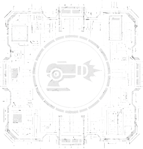 2D Top floor of complicated tower facing the screen to use it as a grid. future. Cyberpunk. abstract. seen from above. HD colors. Black & white colors. No Diagonal assets. Big logo of a cannon firing on the middle of it.