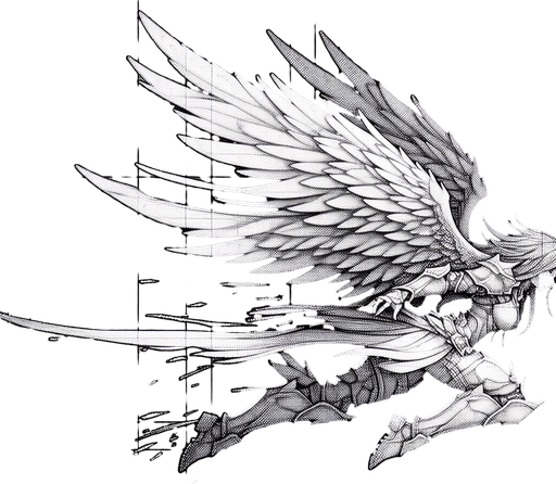 angel warrior moving left.
Single Game Texture. In-Game asset. 2d. Blank background. High contrast. No shadows.