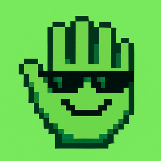 make an 2d green pixel hand palm with sun glasses and smile.
In-Game asset.  2d.  High contrast.  No shadows