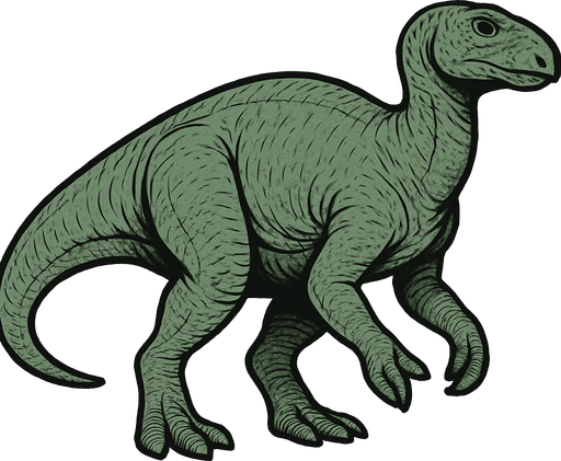 A medium-sized Iguanodon dinosaur with smooth greenish-gray scales covering its bulky body. It has a distinctive thumb spike on its front limbs. The head is elongated with gentle eyes and a blunt snout. The skin texture is rough with visible scales and wrinkles..
In-Game asset.  2d.  High contrast.  No shadows