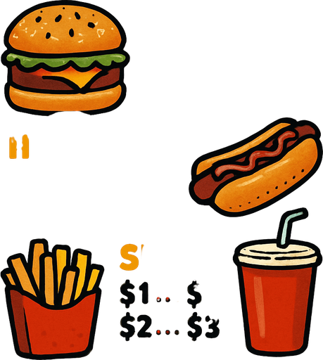 a greasy fast food styled menu with stains.
In-Game asset.  2d.  High contrast.  No shadows