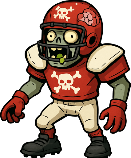 Uniforme Completo: Viste un uniforme de fútbol americano bastante completo, lo que le da una apariencia robusta y protegida.

Casco de Fútbol: Lleva un casco de fútbol americano de color rojo brillante, adornado con dibujos de calaveras blancas y huesos cruzados, que son un distintivo de los zombis. Este casco no es solo estético, sino que le proporciona una defensa significativa en su cabeza.

Hombreras y Camiseta: Tiene unas grandes hombreras blancas y una camiseta roja con el mismo patrón de calaveras y huesos en el pecho.

Pantalones y Guantes: Sus pantalones son de color claro (crema o blanco roto) y lleva guantes rojos.

Botas de Fútbol: Calza grandes botas de fútbol americano de color gris oscuro o negro.

Boca Abierta y Cerebro: Típicamente, como muchos zombis, tiene la boca abierta, mostrando su deseo de cerebros. En tu imagen, parece tener algo verde (quizás una hoja o parte de una planta) sobresaliendo de su boca, lo que podría indicar que ya ha estado masticando algo..
In-Game asset.  2d.  High contrast.  No shadows