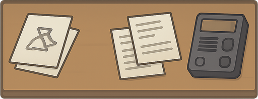 2d top view of a long, rectangular table. On the table are papers, some documents and a radio
. No background. Transparent background. Blank background. No shadows. 2d. In-Game asset. flat