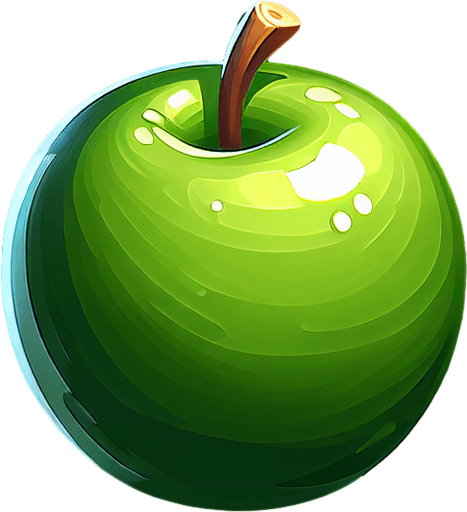 green apple.
Single Game Texture. In-Game asset. 2d. Blank background. High contrast. No shadows.