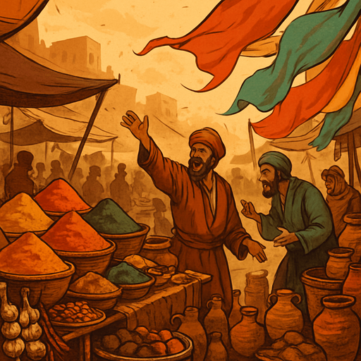 A dusty medieval trade bazaar with exotic goods, traders shouting, spices in the air, colorful fabrics blowing in the wind, realistic.
In-Game asset.  2d.  High contrast.  No shadows