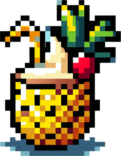 cartoon/8-bit. piña colada in a pinaple..
Single Game Texture. In-Game asset. 2d. Blank background. High contrast. No shadows.