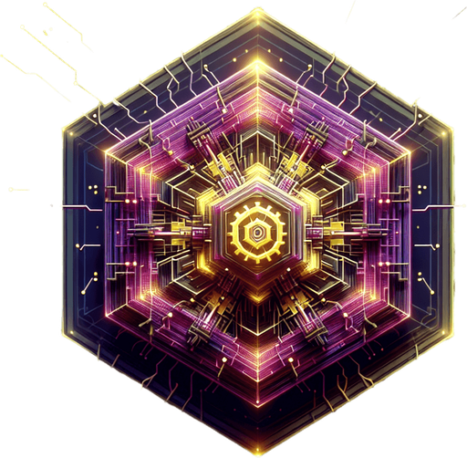 A central geometric core (perhaps hexagonal or a stylized CPU shape) glowing brightly with purple or yellow energy. Energy arcs or circuit patterns could be radiating outwards rapidly, indicating increased power output and speed. Maybe incorporate a subtle gear or fast-forward symbol..
Single Game Texture.  In-Game asset.  2d.  Blank background.  High contrast.  No shadows