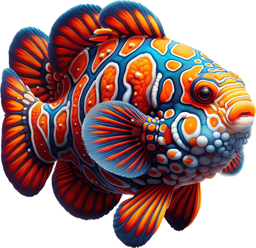 A realistic mandarinfish.
Single Game Texture. In-Game asset. 2d. Blank background. High contrast. No shadows.