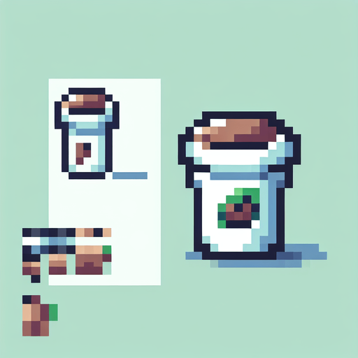 coffee cup 8 bit.
Single Game Texture.  In-Game asset.  2d.  Blank background.  High contrast.  No shadows