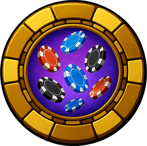Change the image of the shield in the center to poker chips falling from the sky. Change the background color in the center to purple.