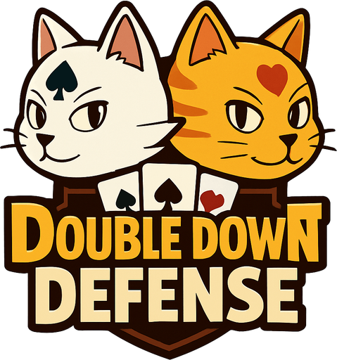 Incorporate these two cats heads into a game logo for a poker based tower defense that includes the name “Double Down Defense”. Put their heads offset on either side with eyes open and looking at the logo.