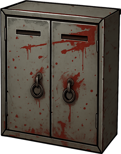 Cabinet,metal,bloody look,sharp edges. No background. Transparent background. Blank background. No shadows. 2d. In-Game asset. flat