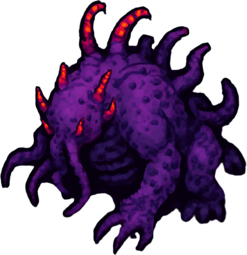 “Top-down 2D pixel art of a corrupted purple biome with twisted terrain and glowing fungal elements. A monstrous purple creature stands or crawls among deformed trees with dark trunks and sickly foliage. The environment is filled with warped nature: crooked trees, glowing red or violet plants, cracked soil with dark veins, and scattered patches of toxic mist. The monster has a grotesque form, with tentacles or spines, and a faint red glow. The scene is rich in environmental details, designed as a high-quality overworld area in a dark fantasy pixel art game.”.
In-Game asset.  2d.  High contrast.  No shadows