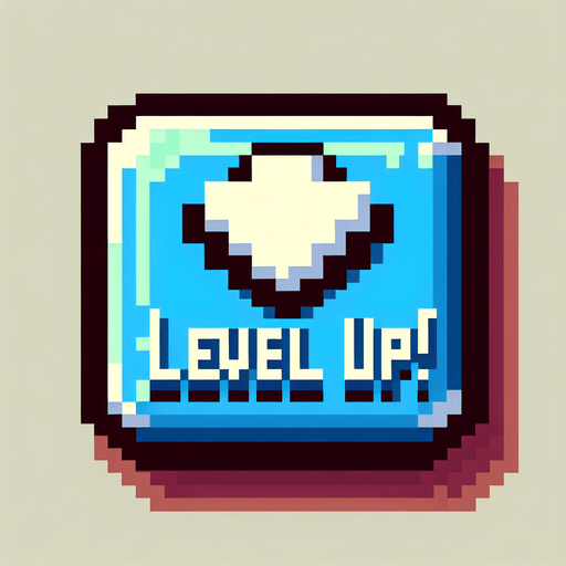 cartoon. 8bit. messsage:

Level Up!.
Single Game Texture. In-Game asset. 2d. Blank background. High contrast. No shadows.